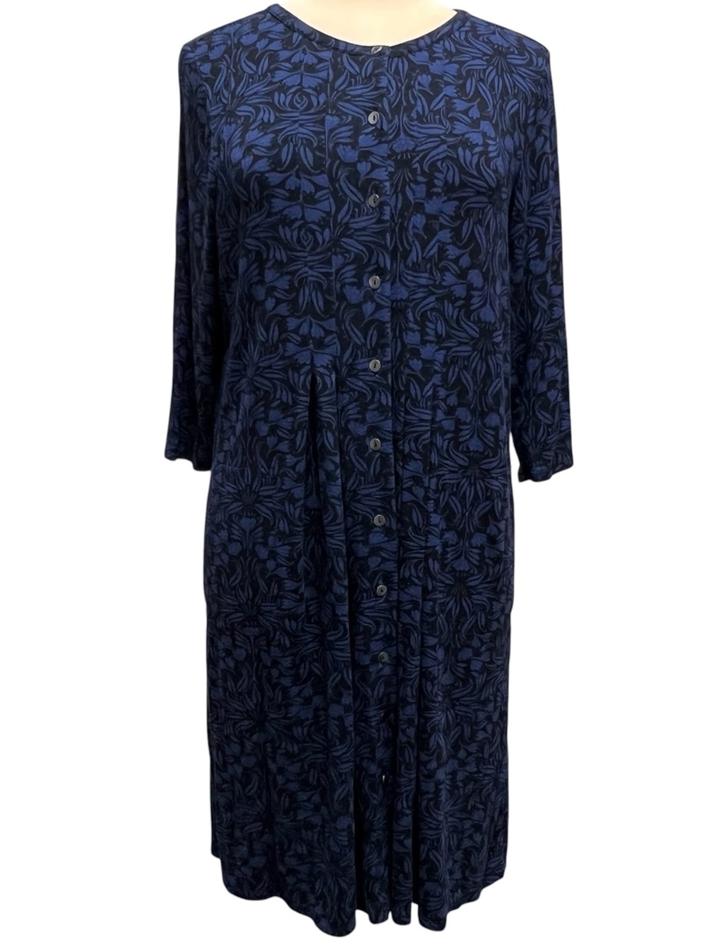 J.Jill Soft Knit Jersey Dress Size Medium Blue Black Print Pockets Button Front - Picture 2 of 12